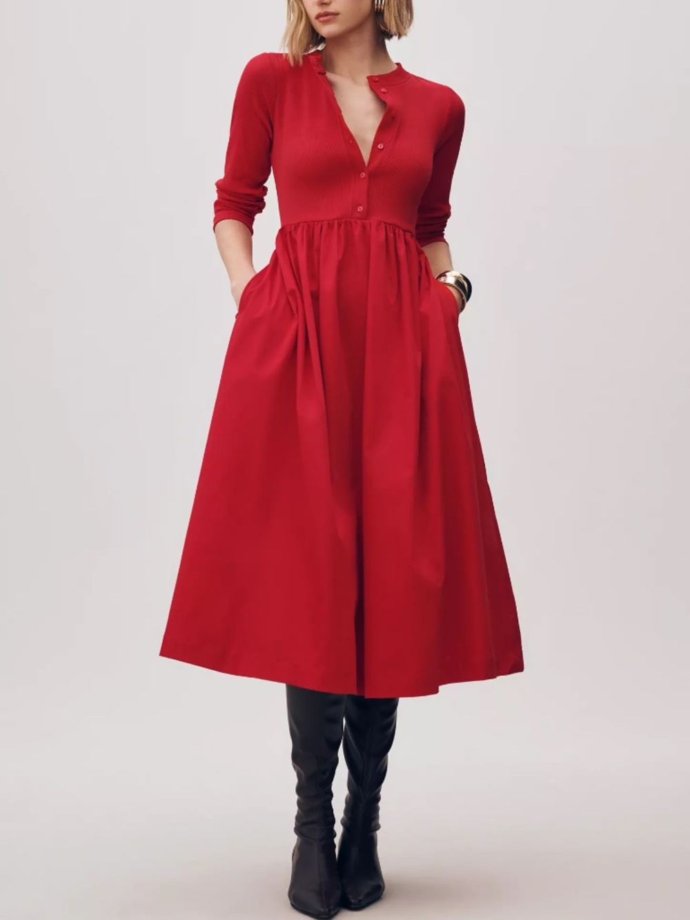 Anthropologie Vibrant Red Midi Dress with Buttoned Bodice